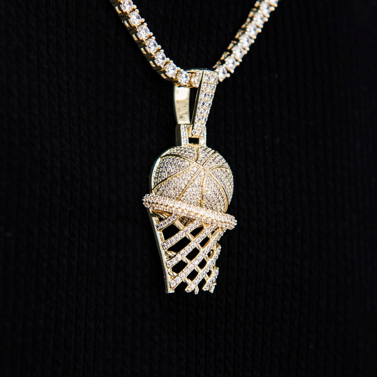 Iced Basketball Hoop Pendant in Yellow Gold